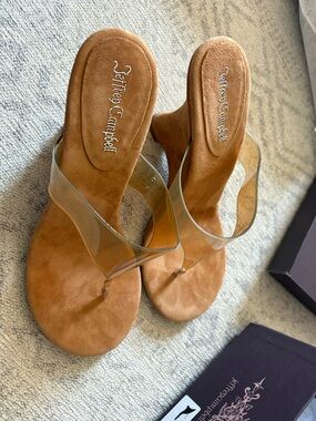 Jeffrey Campbell Tan Suede Heeled Sandals with Clear Strap
